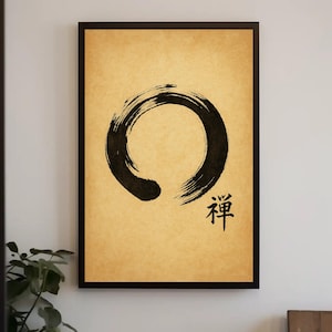 Zen Enso Circle Japanese Calligraphy Canvas Art with Minimalist Ink Brush Stroke and Kanji Symbol for Meditation Decor