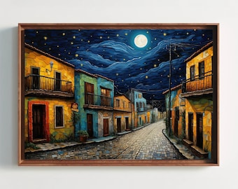 Mexican Street Art Canvas Print, Night Scene Decor