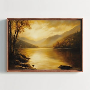 Hudson River Valley with Misty Mountains Canvas Print, New York Landscape Painting, Scenic Nature Wall Art for Living Room or Office Decor