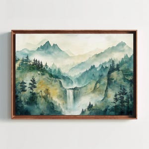 Chinese Mountain Landscape Canvas Print, Misty Peaks Traditional Asian Watercolor Painting, Serene Wall Art for Living Room or Office Decor