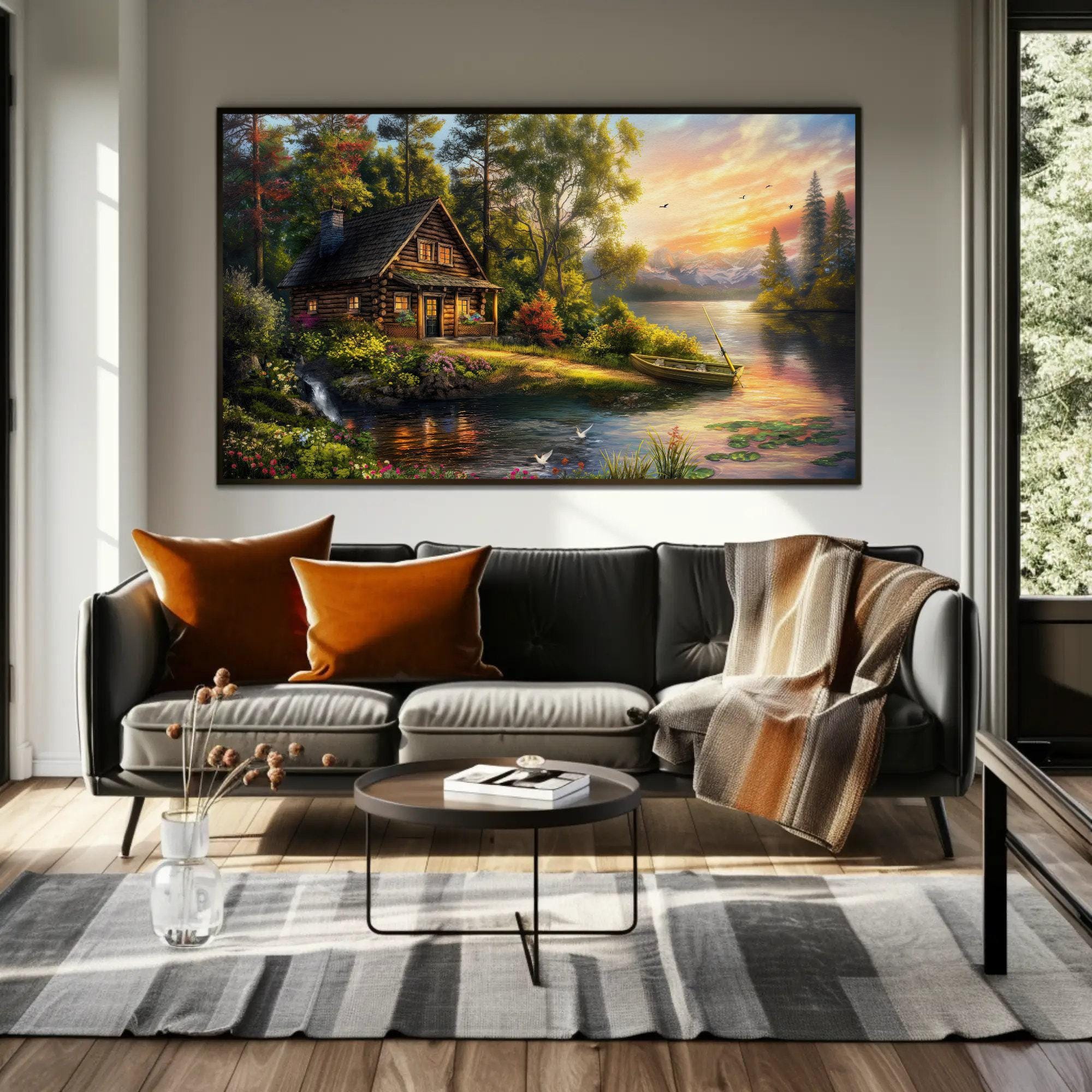 Riverside Cabin Canvas Print, Scenic Landscape Framed Wall Art - Etsy