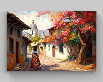 Mexican Village Painting, Colorful Street Scene, Mexico Art Print
