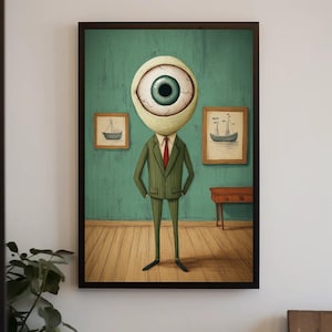 Surreal Eye-Head Man Canvas Print, Whimsical Quirky Wall Art