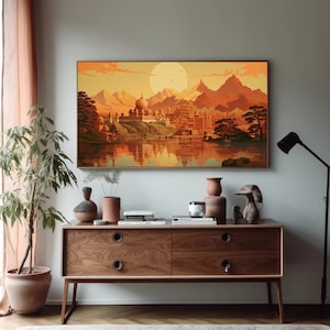 Indian Castle Sunset Mountain Landscape Painting, Indian Wall Art, Rajasthani Art Framed Print, India Large Canvas, Ready To Hang