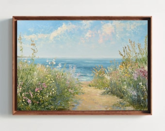 Coastal Wildflowers Vintage Oil Painting, Framed Canvas Print