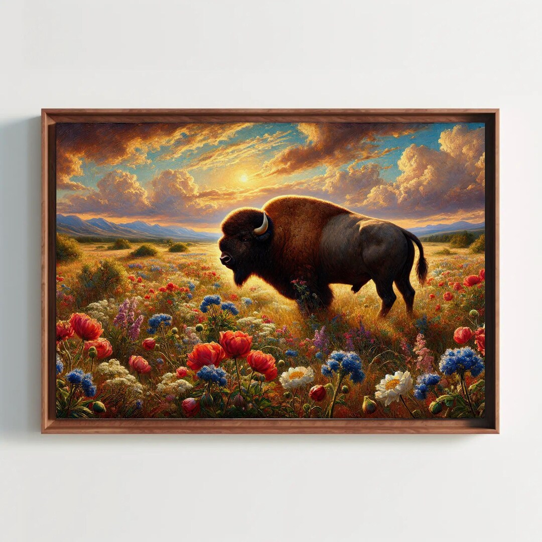 Bison Canvas Print | Rustic Wildlife Oil Painting, Wildflower Field - Etsy