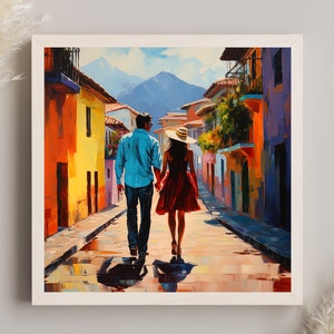 Colombian Couple Walking on Street of Colombia Wall Art Colombian Couple Travel Print Colombian Couple Large Canvas Art Print Colombian