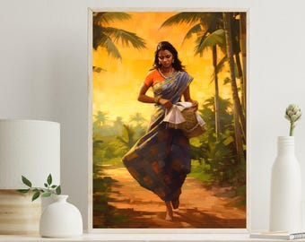 South Indian Woman Canvas Art Print - Village Scene Home Decor