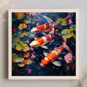 Koi Fish Pond Oil Painting, Koi Fish Pond Large Canvas Print, Colorful Wall Art, Koi Fish Art, Koi Fish Print, Home Decor