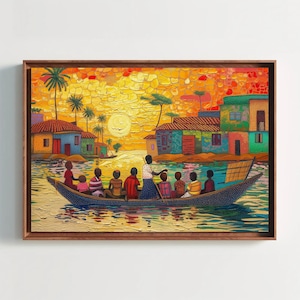 a painting of people in a boat on the water
