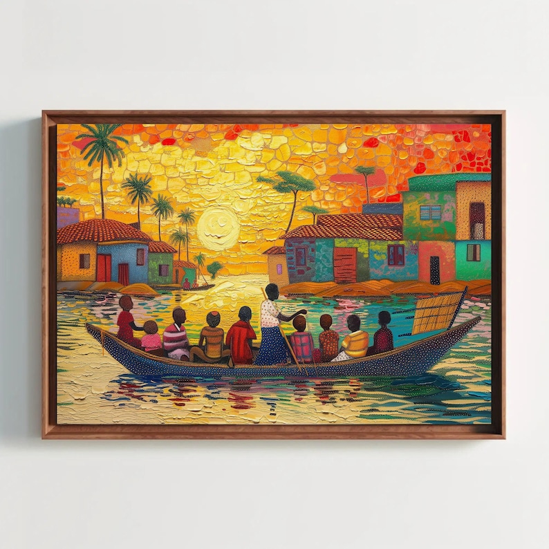 a painting of people in a boat on the water