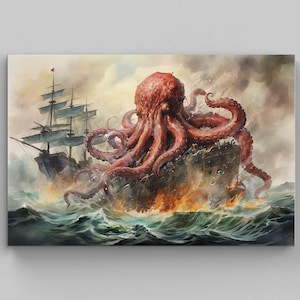 クラーケン水彩キャンバスアート – 攻撃を受ける船、すぐに飾れる