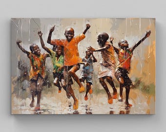 African Children Playing in Rain Canvas Art - Black Art Home Decor