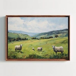 Herd of Sheep Oil Painting | Green Hill Landscape Painting | Countryside Art | Sheep Wall Art | Large Canvas Landscape Oil Painting