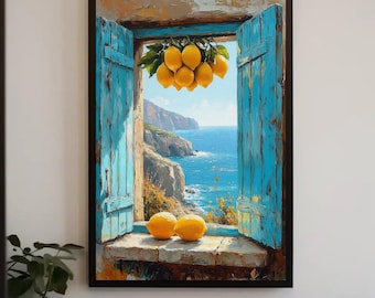 Italian Window Lemons Wall Art, Blue Shutter Canvas Print, Kitchen Decor