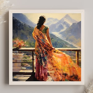Indian Woman Hill Station Scenery Wall Art Decor For Indian Home Decor Antarmada Original Oil Painting Large Canvas Framed Print Art