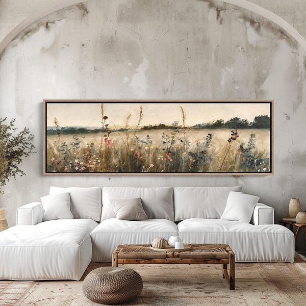 Muted Vintage Wildflowers Field Oil Painting, Long Horizontal Extra Large Canvas Art, Panoramic Rustic Wall Decor for Above the Bed Bedroom