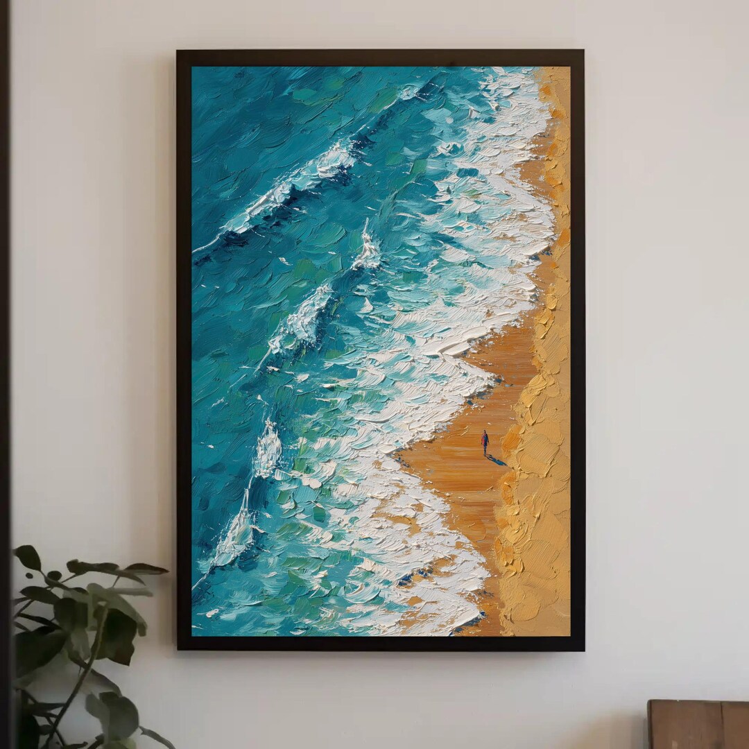 Aerial Ocean Waves Canvas Wall Art | Teal Blue Sandy Beach | Coastal ...