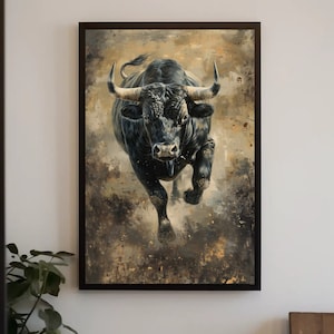Bull Wall Art Large Canvas Decor Angry Bull Running Painting Black Bull Art Framed Canvas Print Man Cave Decor Ready To Hang