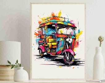 May include: A framed wall art print featuring a vibrant, watercolor-style illustration of a three-wheeled auto rickshaw. The vehicle is depicted with bold splashes of pink, yellow, blue, and orange paint, set against a clean, off-white background.