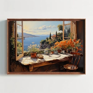 Ocean Mountain Window View Canvas Painting | Vibrant Garden | FlowerBalcony view Painting | Nature Landscape Art | Home Decor Gift