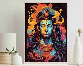 Impresión en lienzo colorida de Shiva / Arte mural de dios hindú