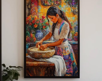 Mexican Girl Cooking Canvas Print, Kitchen Wall Art