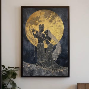 Radha Krishna Under Golden Moon Canvas Painting Print, Hindu Spiritual Wall Decor, Lord Krishna Indian God Artwork for Home, Ready to Hang