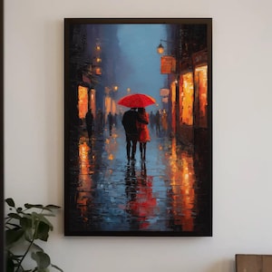 Romantic Couple Red Umbrella Canvas Print - Rainy Night Cityscape Art, Impressionist Street, Love in the Rain Wall Decor, Anniversary Gift