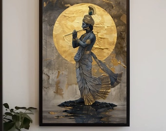 Lord Krishna Playing Flute Under Golden Moon Canvas Painting - Hindu Spiritual Wall Decor - Krishna Indian Artwork for Home, Ready to Hang