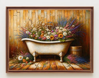 Farmhouse Bathroom Floral Bathtub Canvas Print, Shabby Chic Decor
