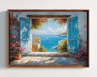 Santorini Canvas Print, Coastal Window View, Mediterranean Seascape Wall Art