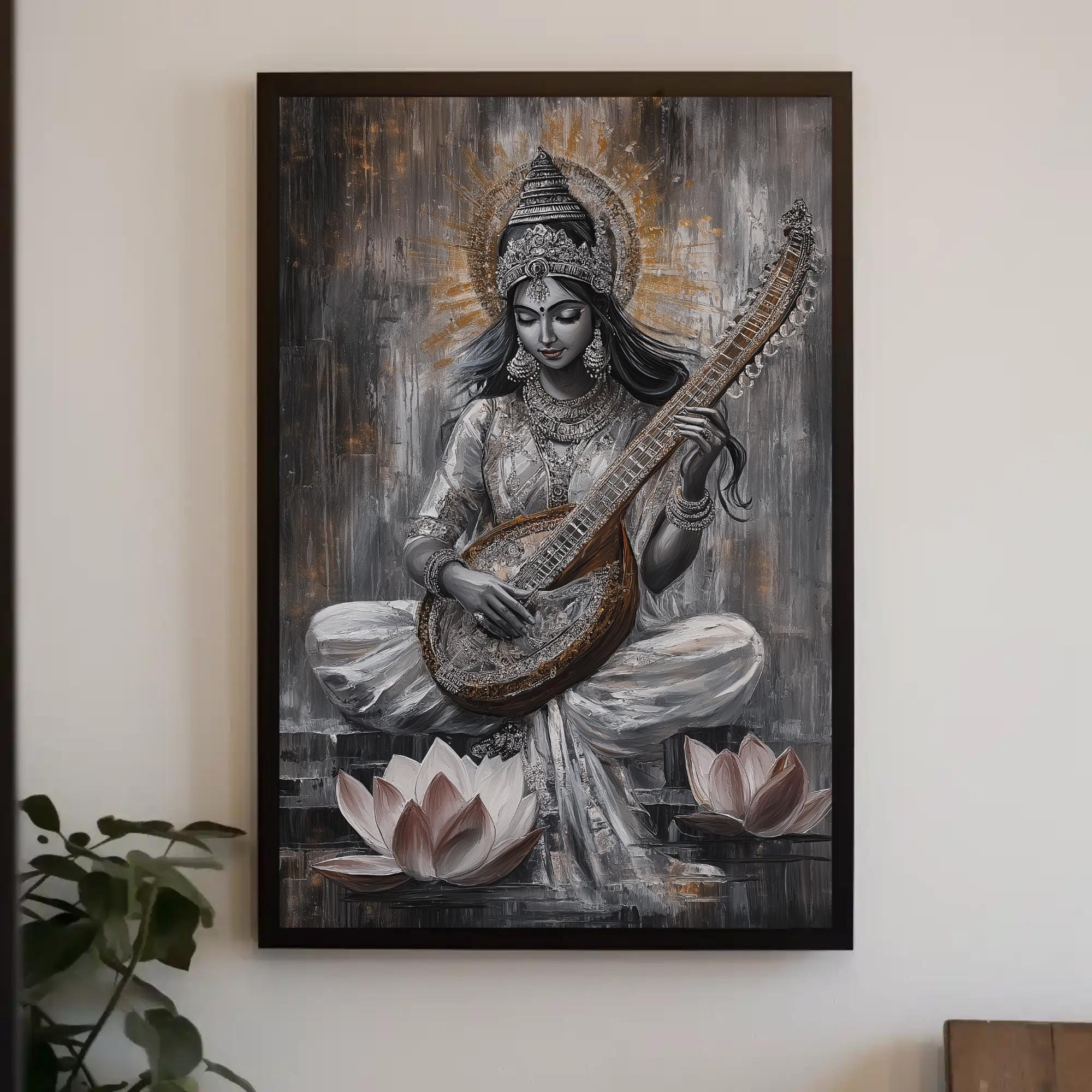 Divine Goddess Saraswati Abstract Canvas Art, Vibrant Saraswati Poster Print, Hindu Wisdom Wall Decor, Spiritual Indian Home Art Panting