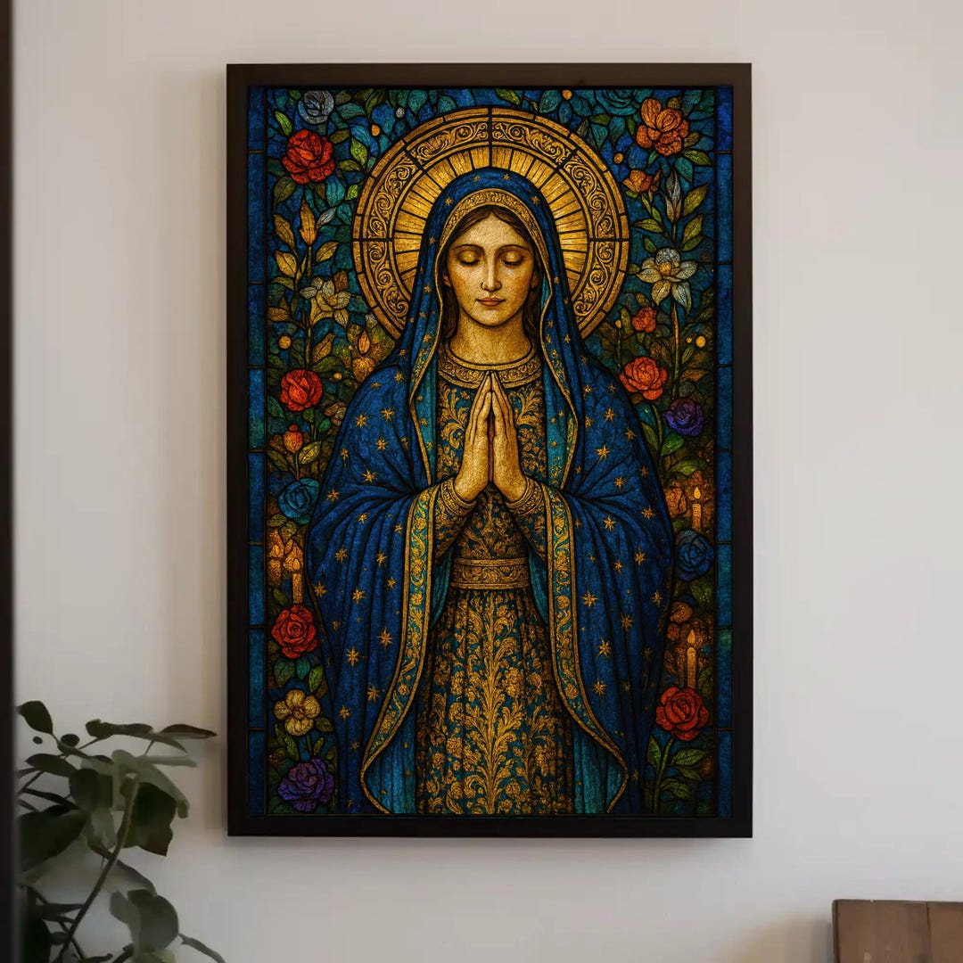 Virgin Mary Stained Glass Canvas Print, Catholic Wall Art for Home or ...