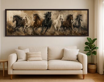 Impresión panorámica en lienzo de siete caballos al galope, arte mural al óleo vintage