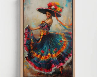 Op de afbeelding: Een ingelijst olieverfschilderij van een danser met een zwarte hoed met brede rand, versierd met kleurrijke bloemen. De danser draagt een donkere, gelaagde rok met levendige rode, gele en blauwe bloemmotieven in een dynamische houding.