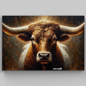 Western Home Decor, Texas Longhorn Oil Painting Signed Wall Art, Texas Longhorn Rustic Wall Decor, Farmhouse, Canvas Framed Poster Gift