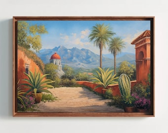 Mexican Village Canvas Print, Colorful Landscape Wall Art