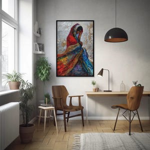 a painting of a woman in a colorful dress on a wall