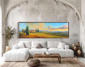 Könnte beinhalten: Ein panoramisches Landschaftsgemälde in einem dünnen Holzrahmen, das eine toskanische Landschaft mit einer Steinvilla, hohen Zypressen, sanften goldenen Hügeln und einem leuchtend blauen Himmel voller weicher, warm getönter Wolken bei Sonnenuntergang zeigt.