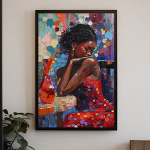 African Girl Abstract Colorful Oil Painting Extra-Large Canvas Print Classy Black Woman in Red Dress African American Art Gift for Her
