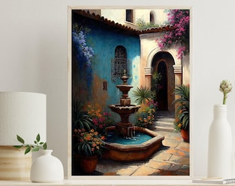 May include: A framed wall art print depicting a courtyard scene with a central stone fountain, a vibrant blue wall, an arched doorway, and lush potted plants with pink and orange flowers under bright sunlight, creating a detailed outdoor vista.
