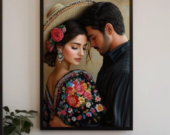 Romantic Mexican Couple Canvas Print, Floral Boho Wall Art