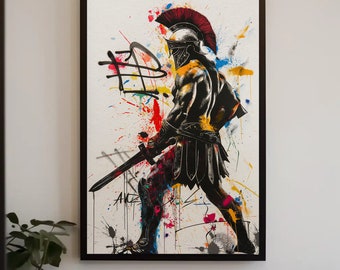 Greek warrior Graffiti Canvas Print, Warrior Wall Art, Game Room Decor, Man Cave Decor, Gift for him, Boys Room Decor, Spartans, Canvas Art