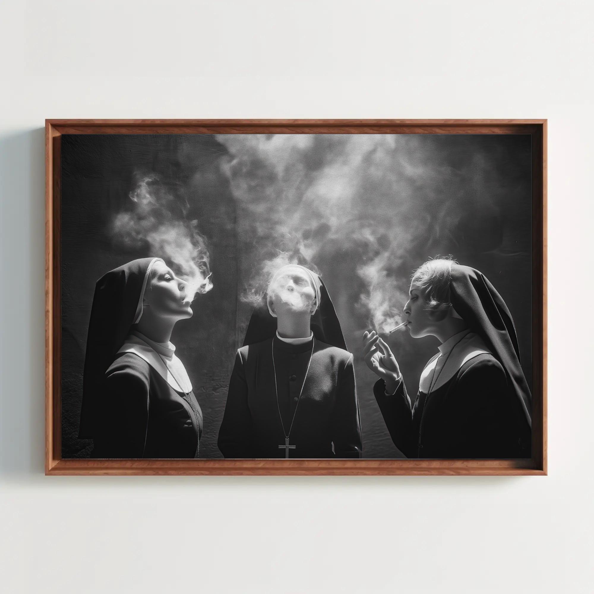 Three Nuns Smoking Canvas Print, Extra Large Monochrome Wall Art,  Rebellious Black and White Photo for Modern Living Room or Creative Studio 