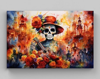Calavera Canvas Print, Mexican Sugar Skull Art, Día de Muertos Decor
