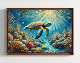 Puede incluir: Una impresión artística enmarcada de una tortuga marina nadando en un vibrante arrecife de coral. La obra presenta una tortuga con un caparazón estampado, rodeada de coloridos corales, peces y luz solar que atraviesa el agua. El marco es de madera.