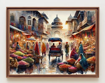 May include: A watercolor painting of a bustling outdoor market scene featuring a central rickshaw on a stone path. Stalls are filled with colorful piles of produce and spices in woven baskets, surrounded by people in traditional clothing.