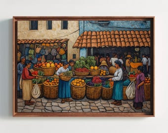 Lienzo impreso del día del mercado de Oaxaca / Arte popular mexicano vibrante