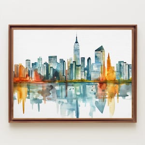 New York City&#39;s skyline Minimalist Watercolor Print, New York Large Canvas Print, NY Wall Decor, New York Art, Framed Poster Ready To Hang